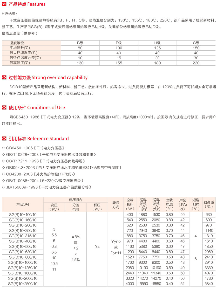 SGB10-10KV干式澆注變壓器產(chǎn)品特點